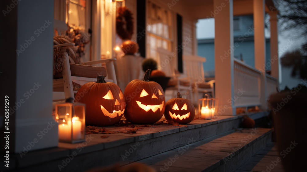 Obraz premium Halloween pumpkins on porch jack o lanterns glowing candles autumn seasonal home decor spooky holiday night