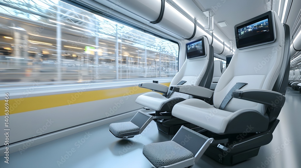 Naklejka premium A modern high end coach interior featuring comfortable reclining seats footrests individual multimedia screens and ambient mood lighting for a premium travel experience