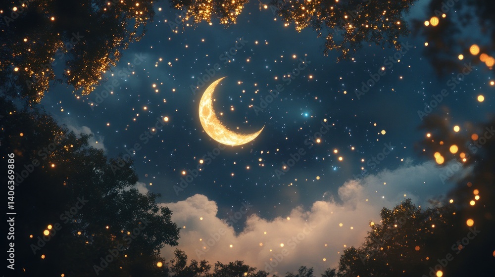 Fototapeta premium Night sky, crescent moon, twinkling stars, ethereal forest canopy