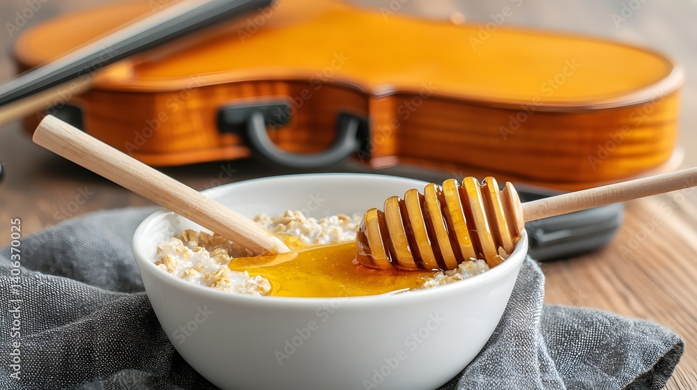 Fototapeta premium A serene and comforting scene of a freshly prepared oatmeal bowl with a drizzle of honey set against the backdrop of a musician s violin case creating a harmonious and inviting atmosphere
