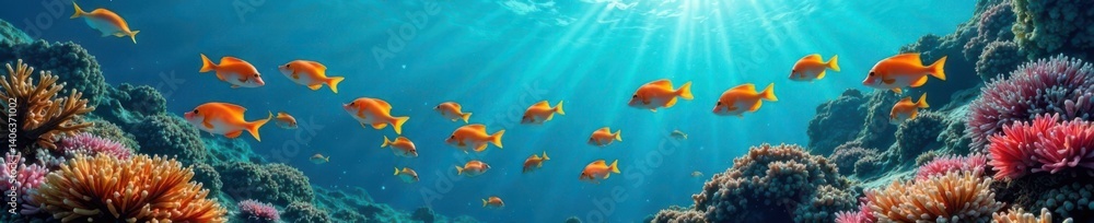 Fototapeta premium School of colorful fish swimming in ocean, seaweed and coral background , underwater, seaweed