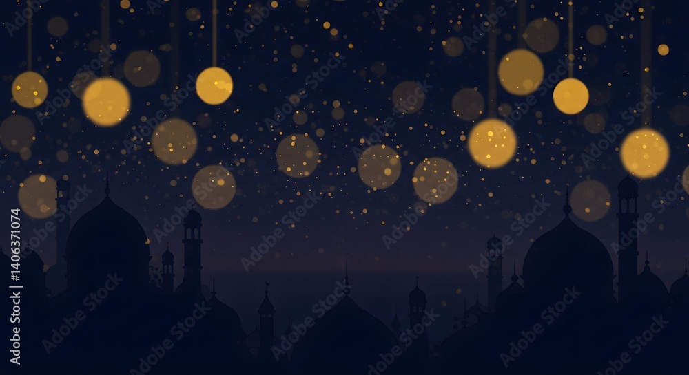 Naklejka premium Cityscape Silhouette at Night with Bokeh Lights Overhead