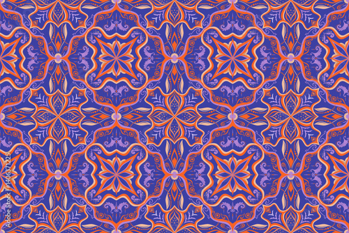 Ornate Persian Violet Tangerine Ethnic Seamless Pattern Floral Fantasy Tile for Fabric, Wallpaper, or Interior Decor
