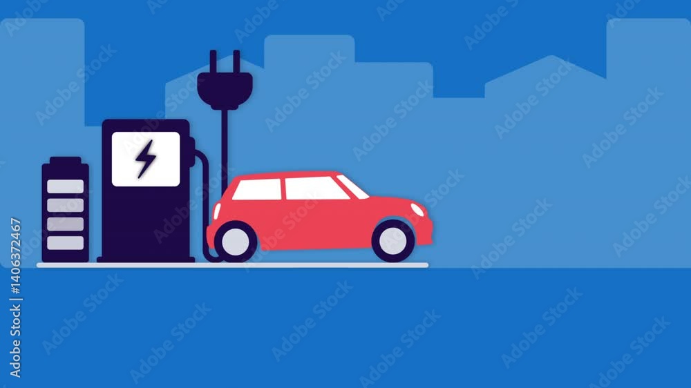 Red electric car charging at a station suitable for electric vehicle infrastructure, sustainable transportation, clean energy, technology, car charging concept projects. Red electric car charging at a station suitable for electric vehicle infrastructure, sustainable transportation, clean energy, technology, car charging concept projects.