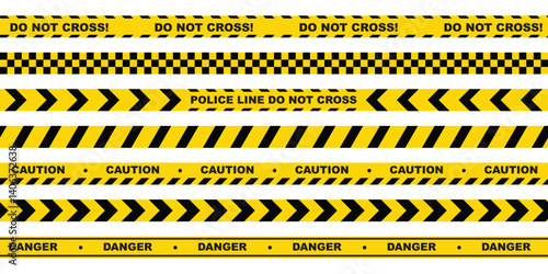 A set of warning tapes lines for restriction of criminal accident zones. Black and yellow police stripe border. Barrier borders for crime places, attention sites or construction works