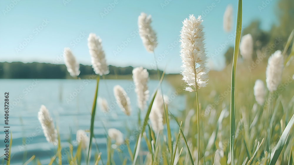 Fototapeta premium Serene nature scene calm water white grasses tranquil landscape