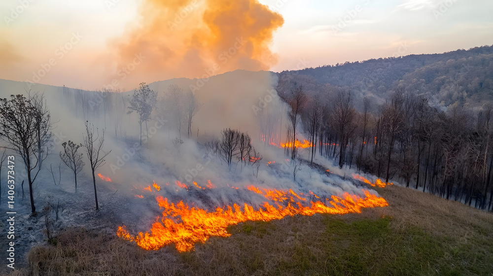 Fototapeta premium Aerial view of a powerful wildfire burning through a densely forested area captured by a thermal drone that highlights the contrast between the intense flames and the cooler surrounding environment