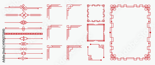 Chinese frame corner ornament vector set. Traditional decorative elements with line, corner, frame, header, pattern. Illustration of elegant design suitable for card, invitation, poster, cover.