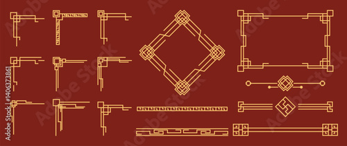 Chinese frame corner ornament vector set. Traditional decorative elements with line, corner, frame, header, pattern. Illustration of elegant design suitable for card, invitation, poster, cover.