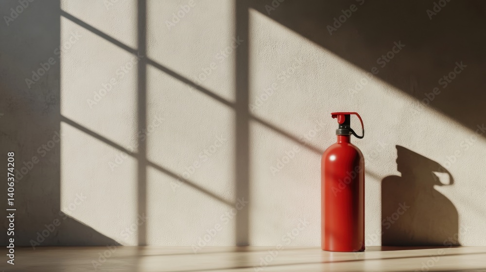 Obraz premium Red Fire Extinguisher in Sunlit Room