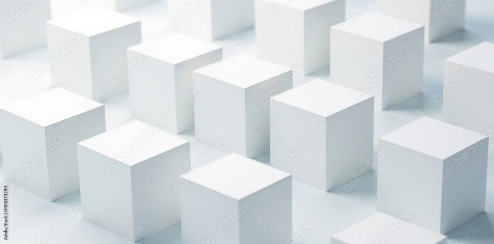Random shifted white cube boxes form a geometric background with empty space , whitespace background, modern aesthetic Random shifted white cube boxes form a geometric background with empty space , whitespace background, modern aesthetic