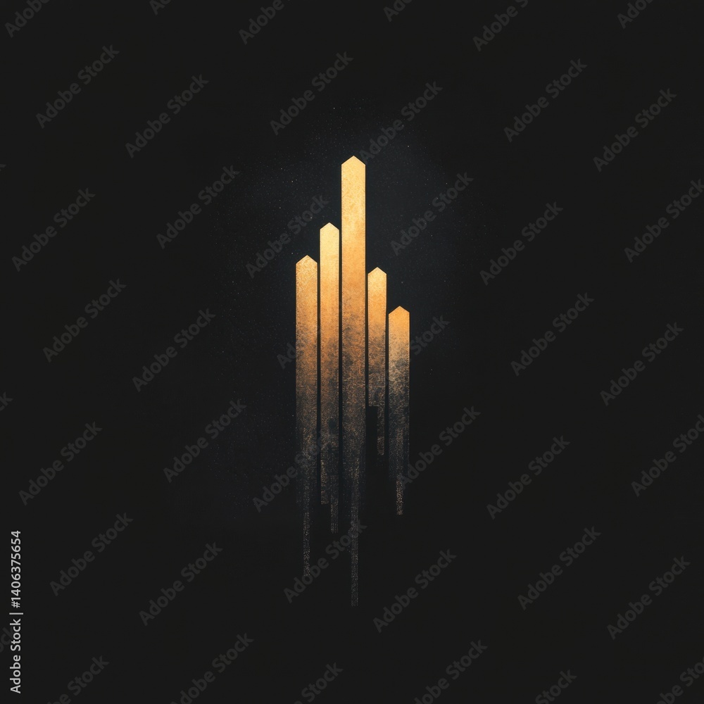 A minimalist design featuring vertical lines that resemble tall structures, illuminated in a golden hue against a dark background. A minimalist design featuring vertical lines that resemble tall structures, illuminated in a golden hue against a dark background.