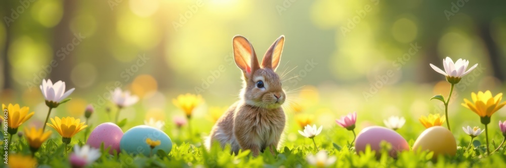 Obraz premium Bunny ears with eggs in a meadow of flowers, nature, easter eggs