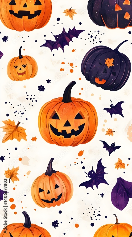 Halloween Pumpkin and Bat Seamless Pattern Spooky Fall Background Halloween Pumpkin and Bat Seamless Pattern Spooky Fall Background