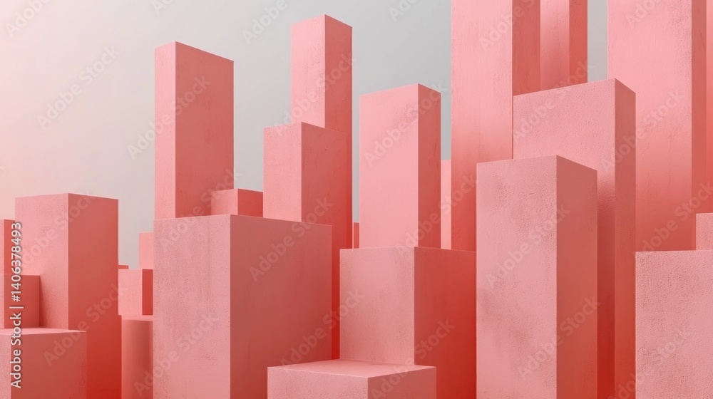 Abstract cityscape of pale pink rectangular forms. A 3D digital rendering of stacked, geometric shapes Abstract cityscape of pale pink rectangular forms. A 3D digital rendering of stacked, geometric shapes