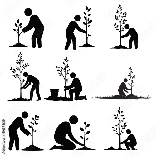 Tree Planting Silhouette Icons of People for Environmental Conservation and Reforestation