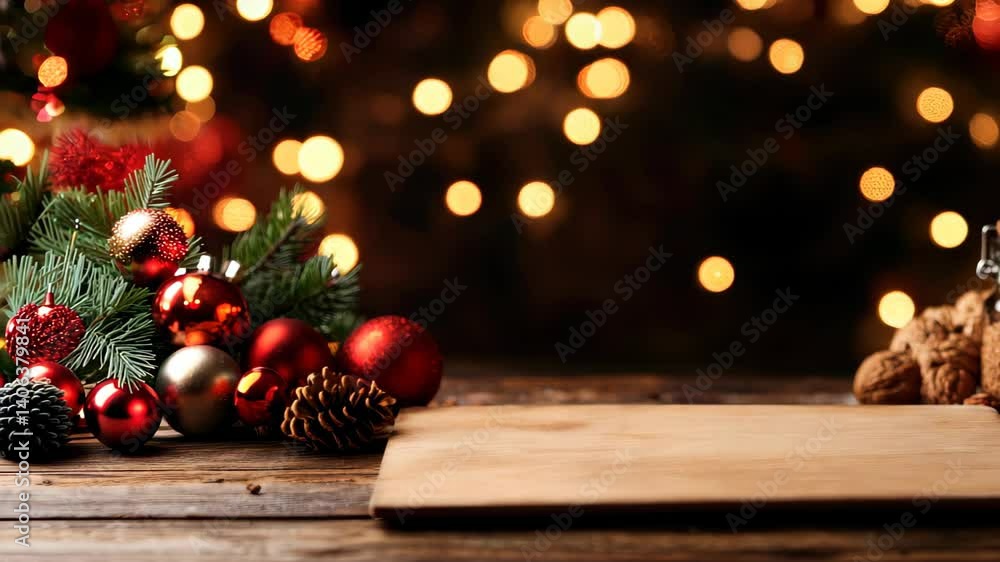 A warm and cozy Christmas scene featuring colorful ornaments and pine decorations on a wooden table, perfect for holiday-themed projects and celebrations. A warm and cozy Christmas scene featuring colorful ornaments and pine decorations on a wooden table, perfect for holiday-themed projects and celebrations.
