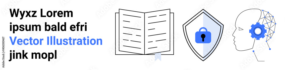 Open book for learning, shield with lock for cybersecurity, human head with AI gear for technology. Ideal for education, innovation, learning, security, AI, tech solutions flat landing page banner Open book for learning, shield with lock for cybersecurity, human head with AI gear for technology. Ideal for education, innovation, learning, security, AI, tech solutions flat landing page banner