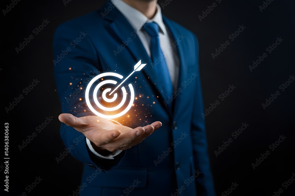 strategic planning for business growth and target customer group. Business achievement objective target concept, Businessman holding target icon for business objective. Business professional
