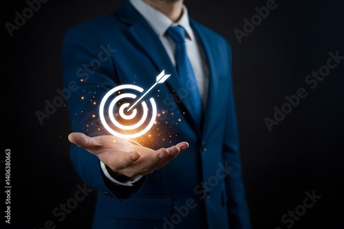 Obraz na płótnie strategic planning for business growth and target customer group. Business achievement objective target concept, Businessman holding target icon for business objective. Business professional w salonie