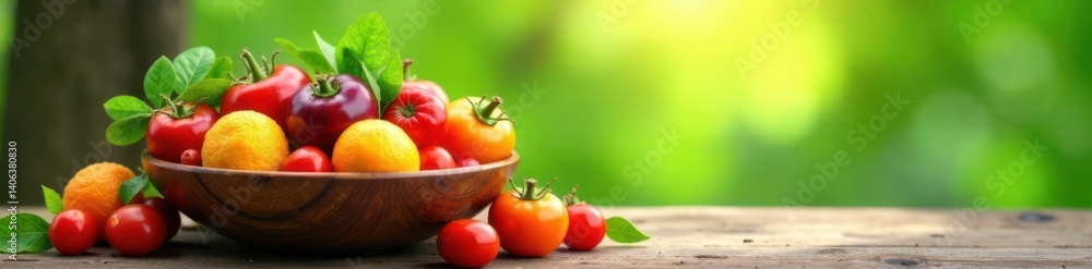 Illustration of a bowl with mixed fruits and vegetables in a natural setting, vector, illustration Illustration of a bowl with mixed fruits and vegetables in a natural setting, vector, illustration