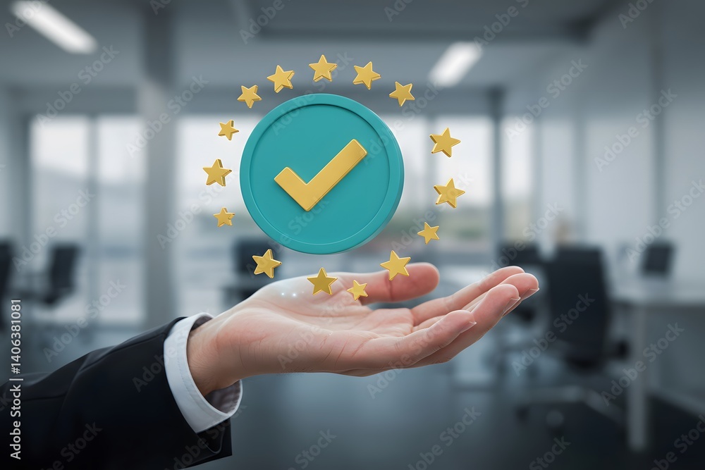 floating above open palm, blurred office background, Concept of ISO certification and quality assurance standards control. Quality guarantee, Businessman showing Quality assurance