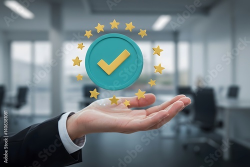 Obraz na płótnie floating above open palm, blurred office background, Concept of ISO certification and quality assurance standards control. Quality guarantee, Businessman showing Quality assurance w salonie