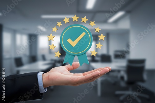 Obraz na płótnie floating above open palm, blurred office background, Concept of ISO certification and quality assurance standards control. Quality guarantee, Businessman showing Quality assurance w salonie