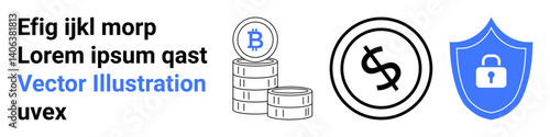 Bitcoin atop stacked coins, dollar currency icon, and shield with padlock showcasing crypto and financial security. Ideal for finance, blockchain, investing, technology, digital security, fintech