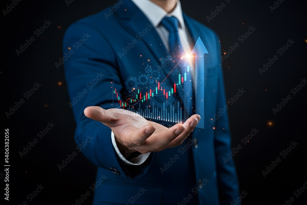 Process to increase productivity concept. Businessman holding productivity icon with growth graph for industrial management in efficiency and efficient process. Lean cost and productivity growth.