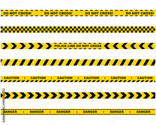 A set of warning tapes lines for restriction of criminal accident zones. Black and yellow police stripe border. Barrier borders for crime places, attention sites or construction works