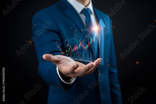 Obraz na płótnie Process to increase productivity concept. Businessman holding productivity icon with growth graph for industrial management in efficiency and efficient process. Lean cost and productivity growth. w salonie