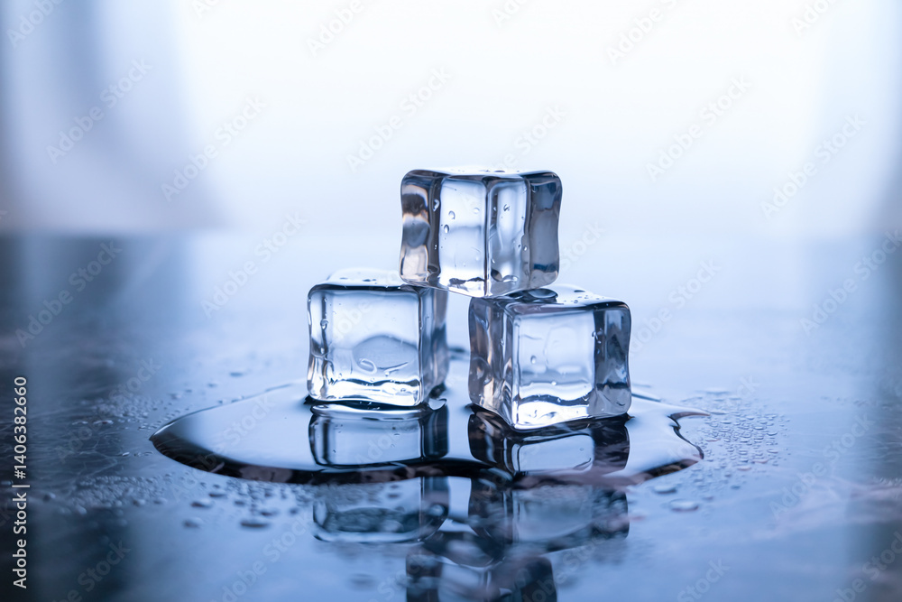 Three Ice Cubes Melting On A Reflective Surface In A Cool Blue Tone Three Ice Cubes Melting On A Reflective Surface In A Cool Blue Tone