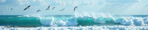 A flock of seagulls soaring over the crest of large ocean waves , beach and sky, marine birds