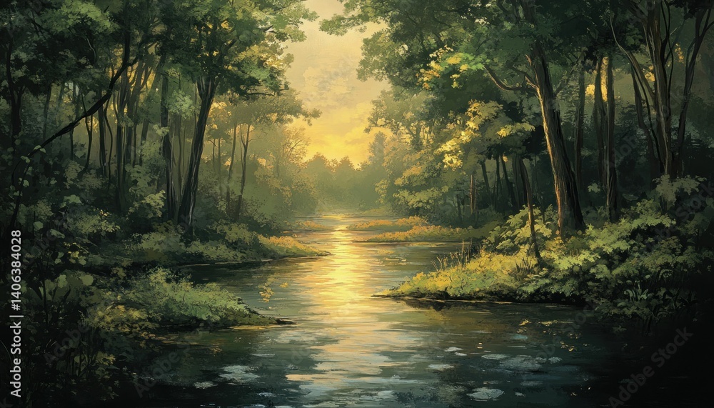 Obraz premium Ethereal stream winding through a tranquil, sunlit forest painting