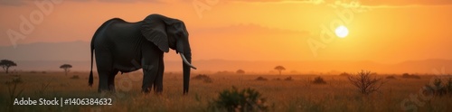 Elephant standing alone in the misty savannah at dawn, nature, misty savannah