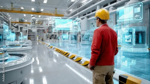 Wallpaper Mural Future of Industry: A worker wearing a hard hat and red jacket contemplates the possibilities of a futuristic factory floor with advanced automation and digital displays. Torontodigital.ca