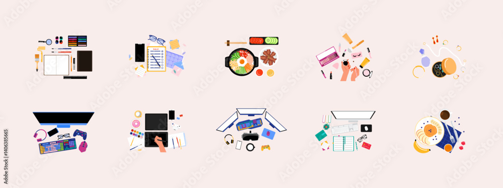 Desk Top View set illustration. Simple flat vector illustration concept. Desk Top View set illustration. Simple flat vector illustration concept.