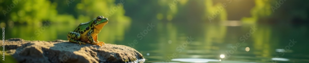 Frog sitting alone on a sunny rock by the lake, , nature Frog sitting alone on a sunny rock by the lake, , nature