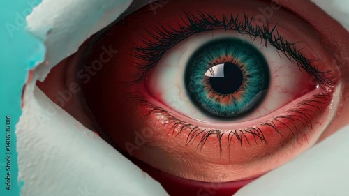 A captivating image of a mesmerizing eye peeking through a tear in a blue wall. The artwork captures surreal elements, offering an engaging exploration of perception and beauty.