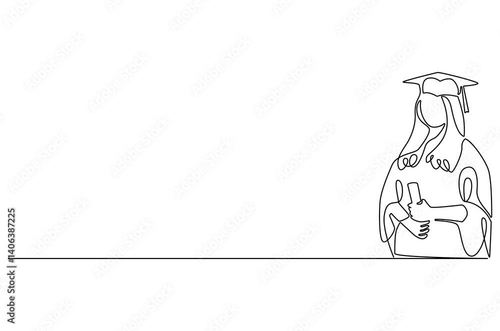 Obraz premium Continuous one line drawing of Young female student wearing a gown and hat. Single line drawing illustration of Young woman graduation. Student university concept vector art. Doodle line illustration.