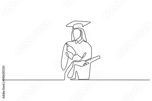 Continuous one line drawing of Young female student wearing a gown and hat. Single line drawing illustration of Young woman graduation. Student university concept vector art. Doodle line illustration.