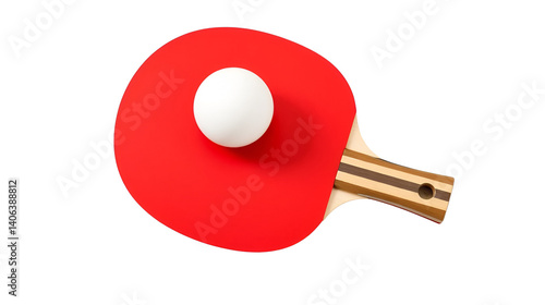 Ping pong racket red and ball smooth and white isolated on cut out PNG or transparent background. Table tennis paddle addle features wooden handle. Ideal for themes of sport recreation and fitness.