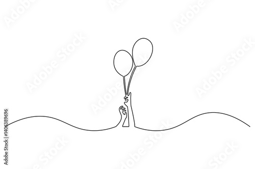 Continuous one line drawing of Hand holding ballon. Single line drawing illustration of Air balloons. Birthday decoration concept vector art. Doodle line illustration.