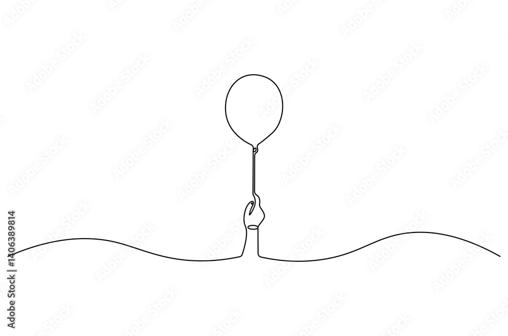 Obraz premium Continuous one line drawing of Hand holding ballon. Single line drawing illustration of Air balloons. Birthday decoration concept vector art. Doodle line illustration.
