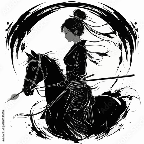 A silhouette of a warrior woman on horseback, a striking ink illustration. The rider is poised and focused