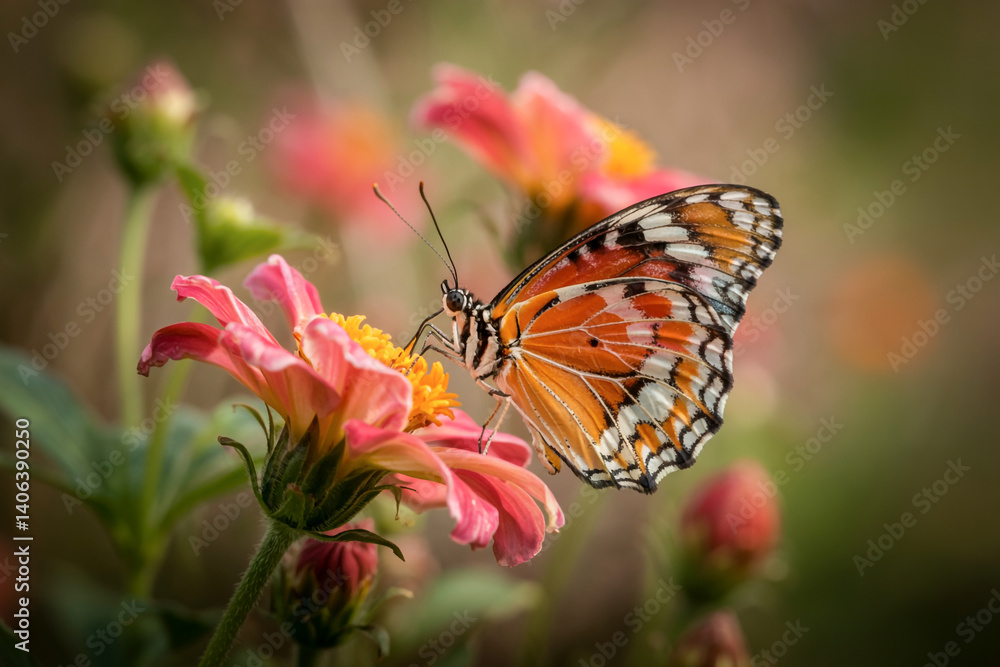 Obraz premium Monarch Butterfly Resting On A Vibrant Pink Zinnia Flower In The Garden