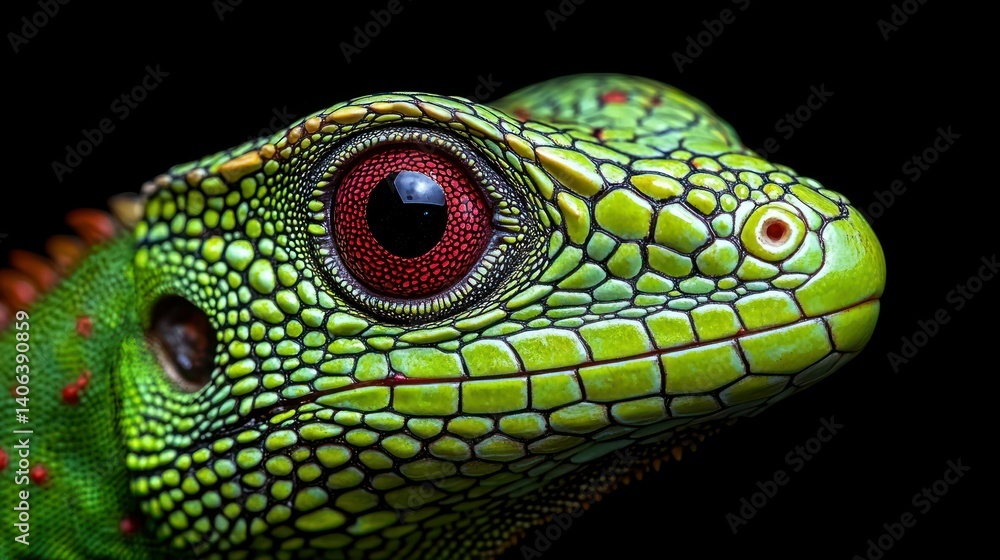Fototapeta premium Close-up of vibrant green lizard head with intricate scales and striking red eye