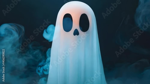 A cute cartoon ghost emerges from fog, featuring a scared face, ideal for adding fun and spooky vibes to Halloween themes, party decorations, and imaginative art.
