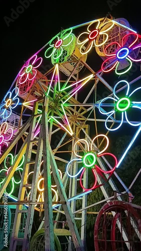 Vibrant ferris wheel featuring colorful at an amusement park. Vertical video.
